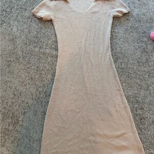 Freshman Neutral Beige Ribbed V-Neck Midi Dress
